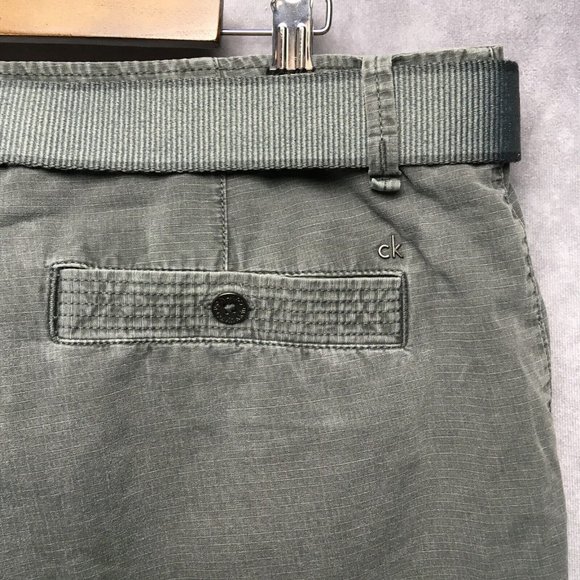 Calvin Klein Men Shorts 34 Belted Gray Flat Front Pockets Ripstop Cotton CK Logo - Picture 6 of 11